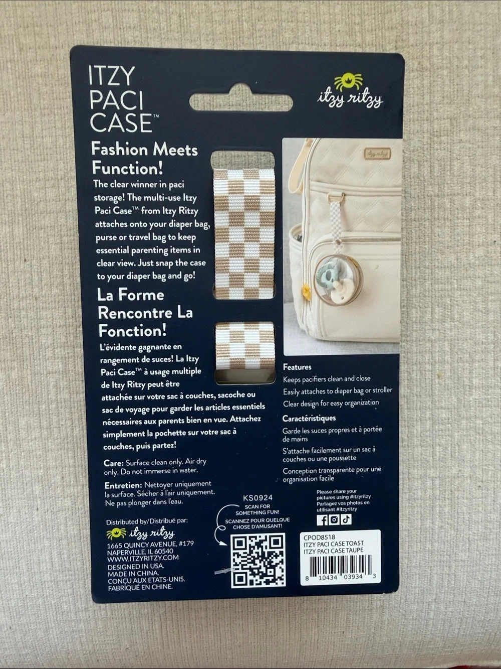 Itzy Ritzy Pacifier Case in Taupe with Clear Window and Check Strap